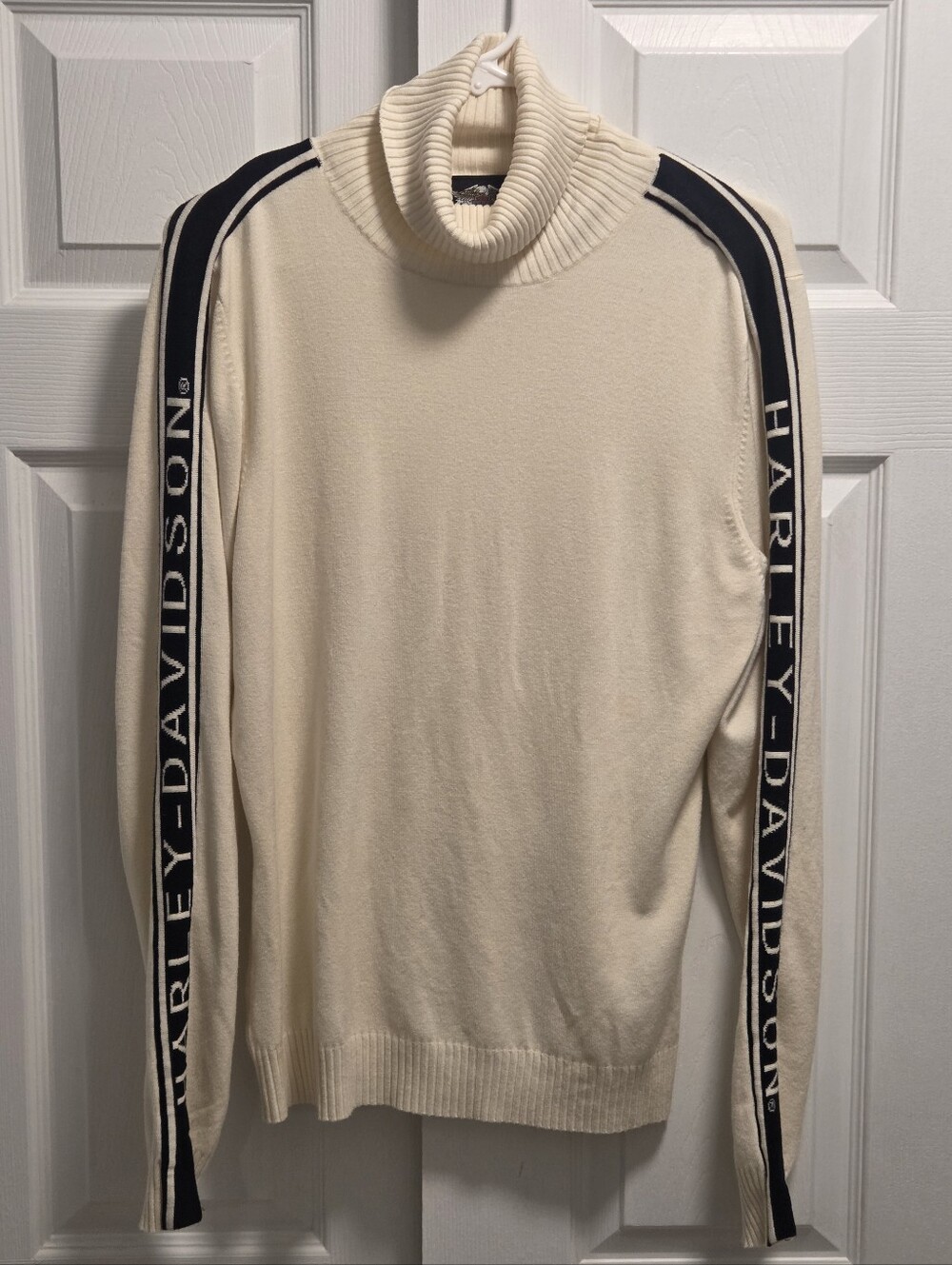 Harley-Davidson Cream Turtleneck Sweater with Black Logo & Stripes - Size Large